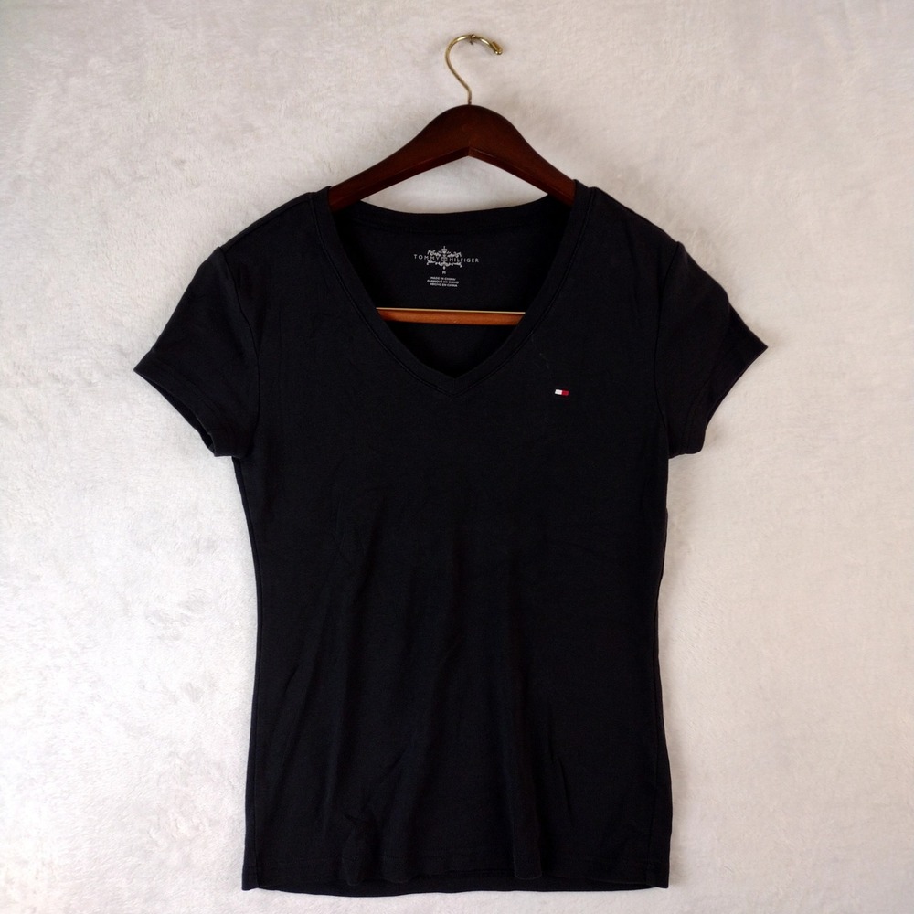 Tommy Hilfiger Womens V-Neck T-Shirt Black Cotton Short Sleeve Logo Tee Size M